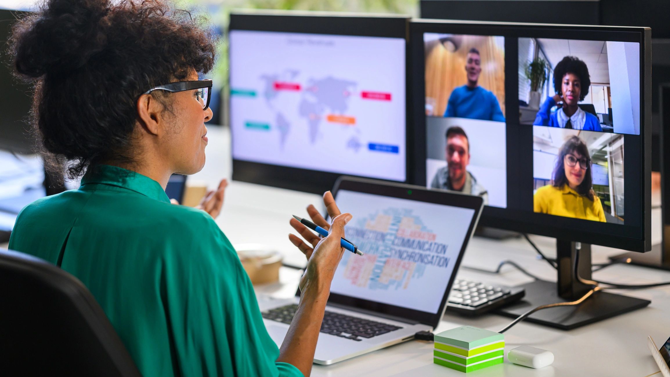 Business analyst reviewing performance data with remote team