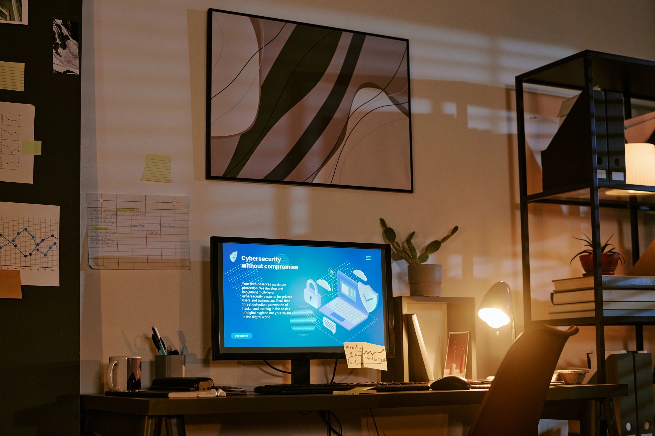 Cybersecurity dashboard displayed in a modern office workspace